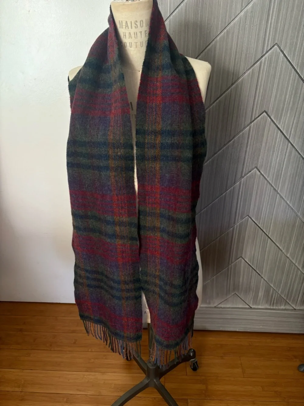 NWT JOHN HANLY 1943 Irish Wool Scarf Green Mustard Purple Check Plaid Wool
